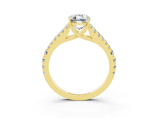 Yellow gold Emerald Cut Moissanite Split Shank Engagement Ring with Round Pavé and Prong Setting