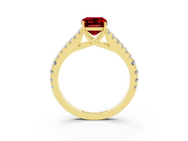 Yellow gold Emerald Cut Ruby Split Shank Engagement Ring with Round Pavé and Prong Setting