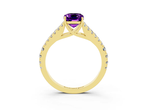 Yellow gold Emerald Cut Amethyst Split Shank Engagement Ring with Round Pavé and Prong Setting