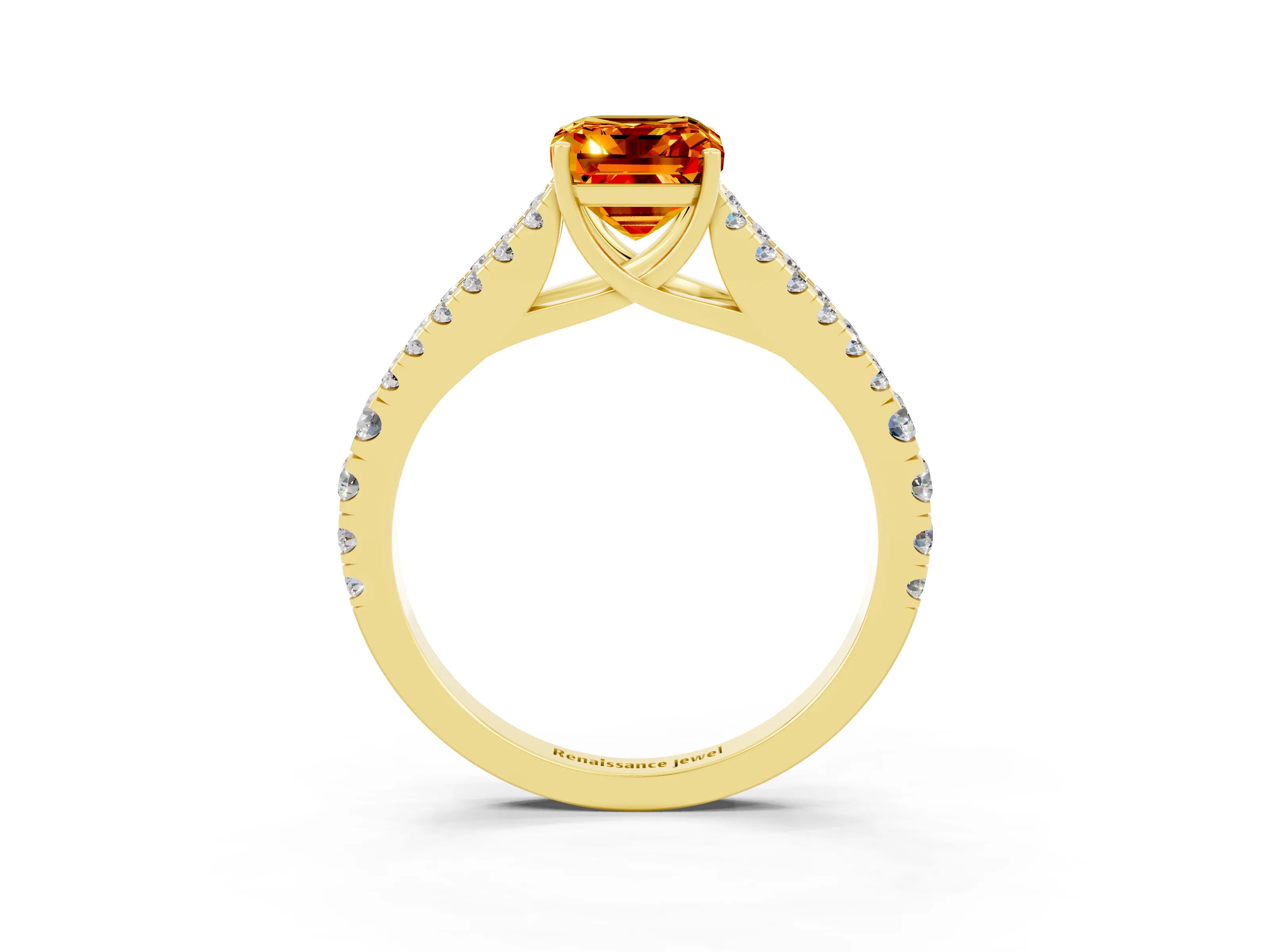 Yellow gold Emerald Cut Cut Split Shank Pave Diamond Engagement Ring with Four-Prong Setting_3