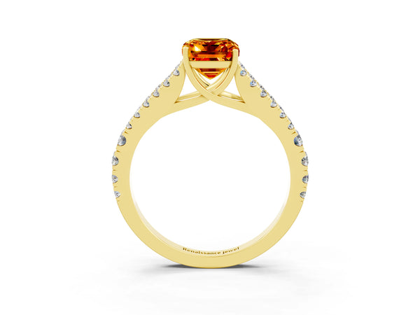 Yellow gold Emerald Cut Citrine Split Shank Engagement Ring with Round Pavé and Prong Setting