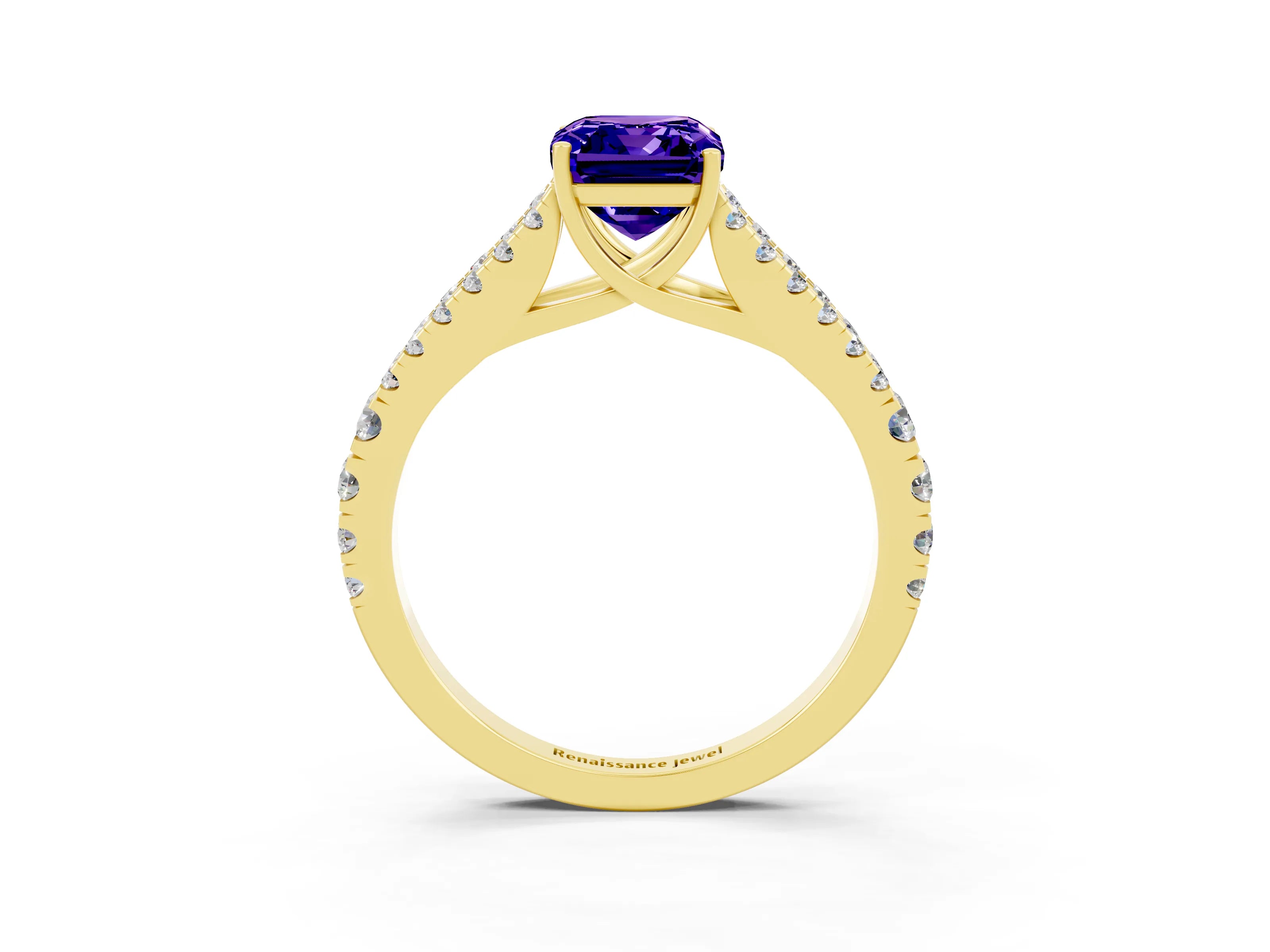 Yellow gold Emerald Cut Cut Split Shank Pave Diamond Engagement Ring with Four-Prong Setting_3