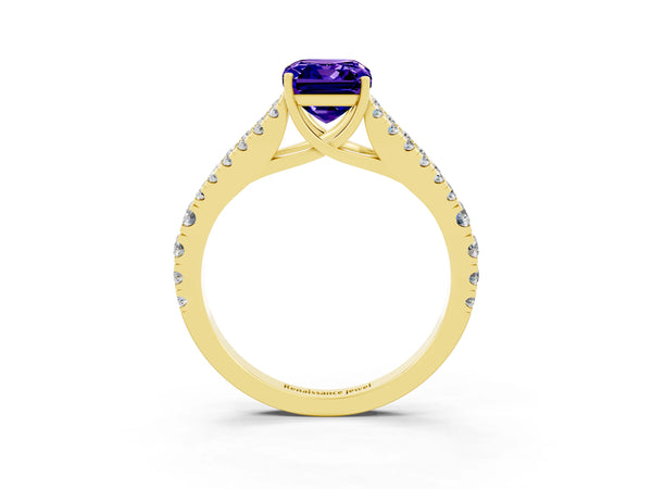 Yellow gold Emerald Cut Tanzanite Split Shank Engagement Ring with Round Pavé and Prong Setting