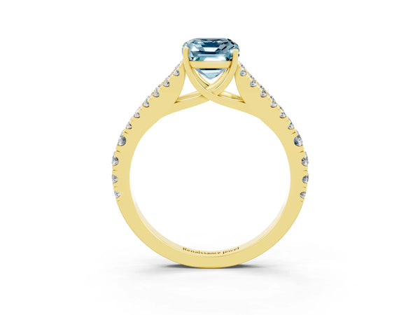 Yellow gold Emerald Cut Aquamarine Split Shank Engagement Ring with Round Pavé and Prong Setting