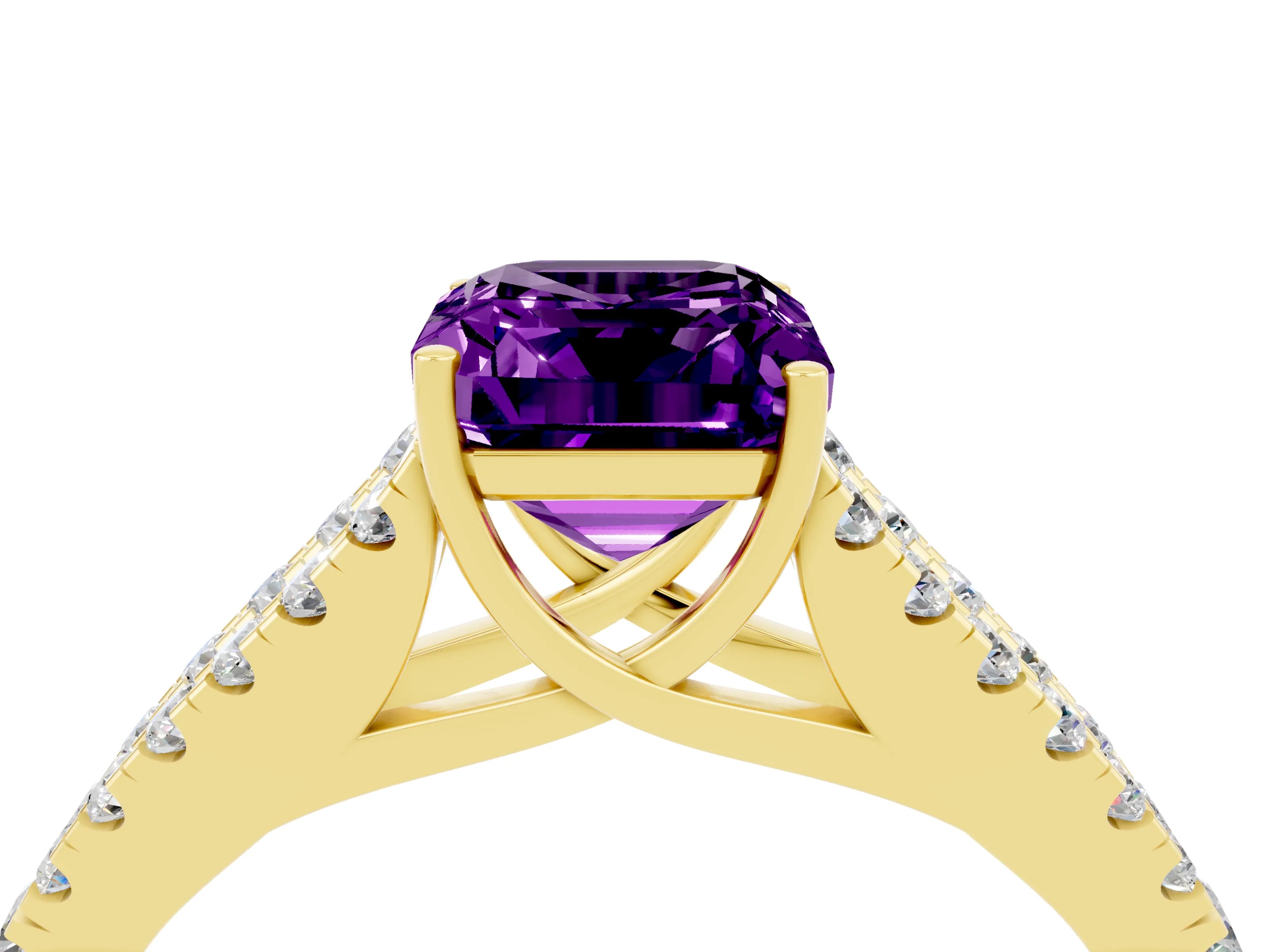 Yellow gold Emerald Cut Cut Split Shank Pave Diamond Engagement Ring with Four-Prong Setting_4