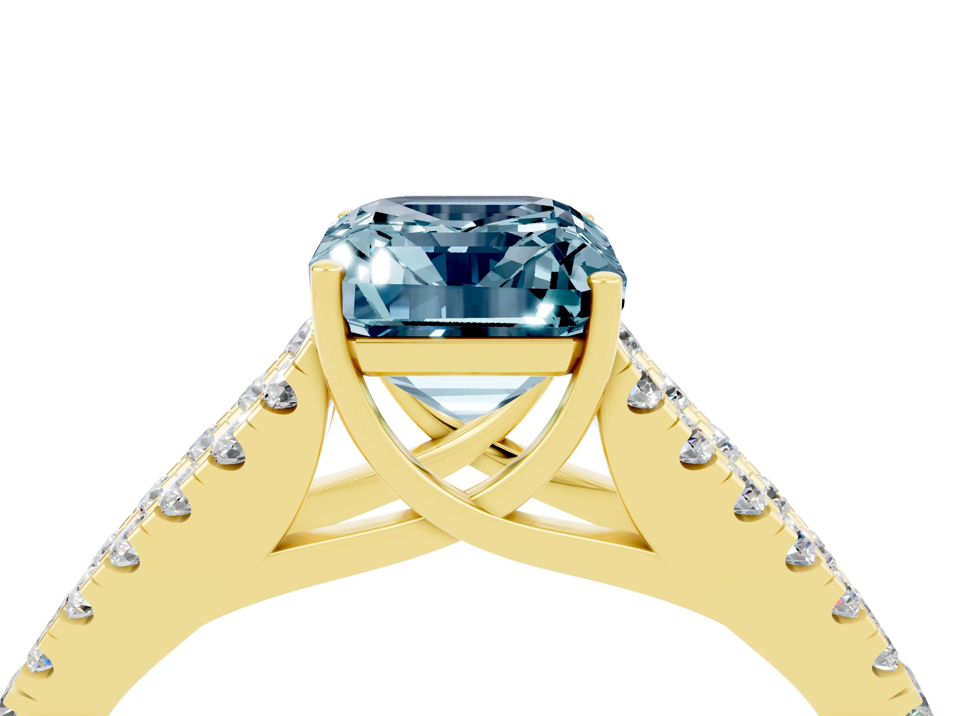 Yellow gold Emerald Cut Cut Split Shank Pave Diamond Engagement Ring with Four-Prong Setting_4