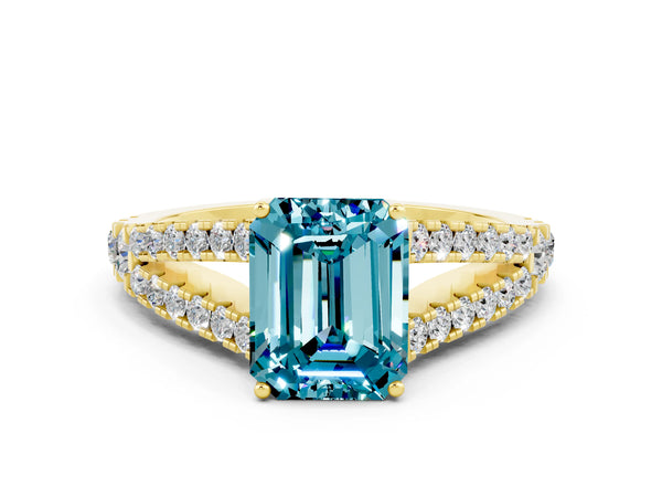 Yellow gold Emerald Cut Cut Split Shank Pave Diamond Engagement Ring with Four-Prong Setting