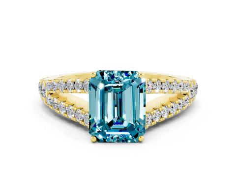Yellow gold Emerald Cut Cut Split Shank Pave Diamond Engagement Ring with Four-Prong Setting