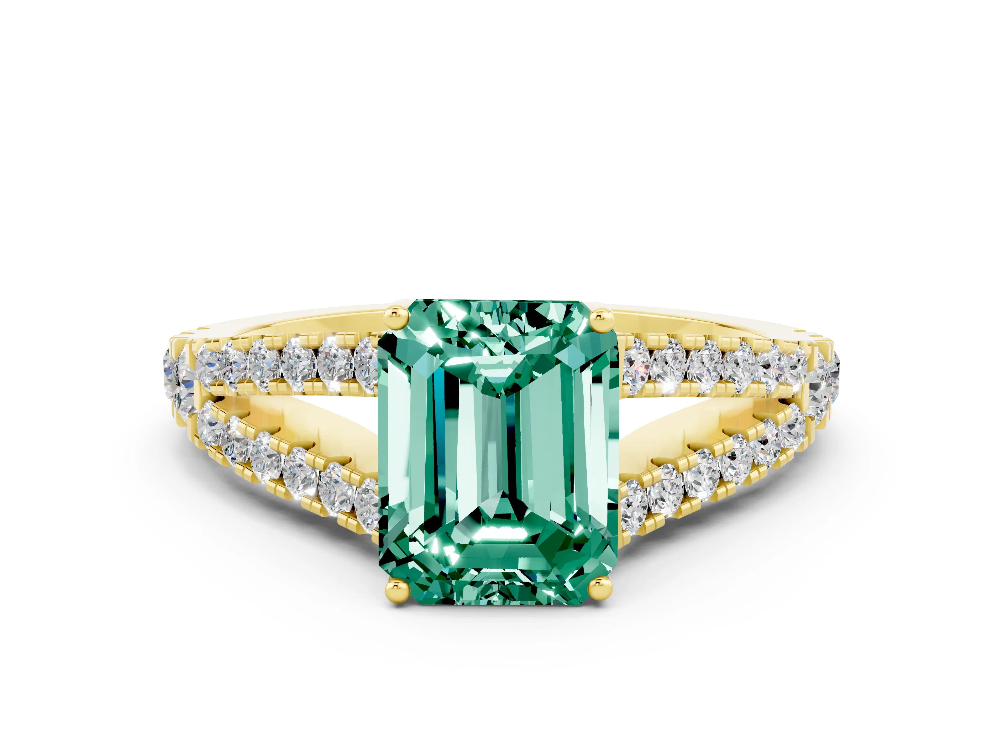 Yellow gold Emerald Cut Cut Split Shank Pave Diamond Engagement Ring with Four-Prong Setting