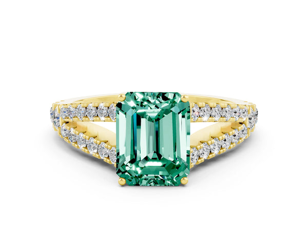 Yellow gold Emerald Cut Green Sapphire Split Shank Engagement Ring with Round Pavé and Prong Setting