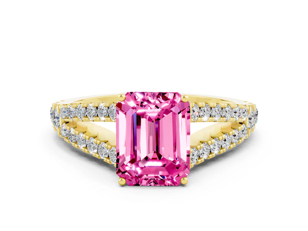 Yellow gold Emerald Cut Pink Sapphire Split Shank Engagement Ring with Round Pavé and Prong Setting