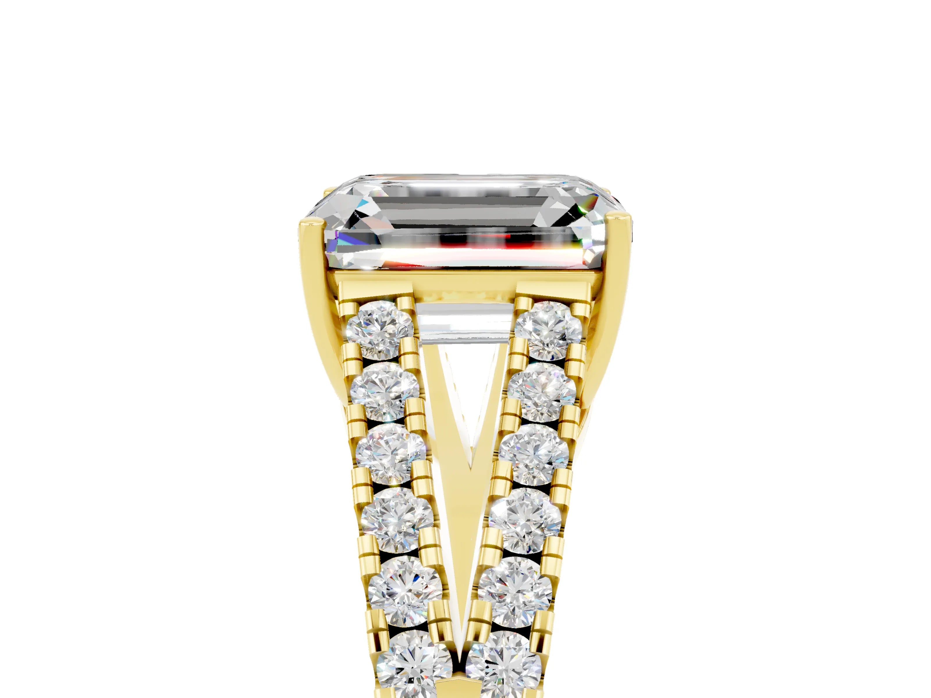 Yellow gold Emerald Cut Cut Split Shank Pave Diamond Engagement Ring with Four-Prong Setting_5