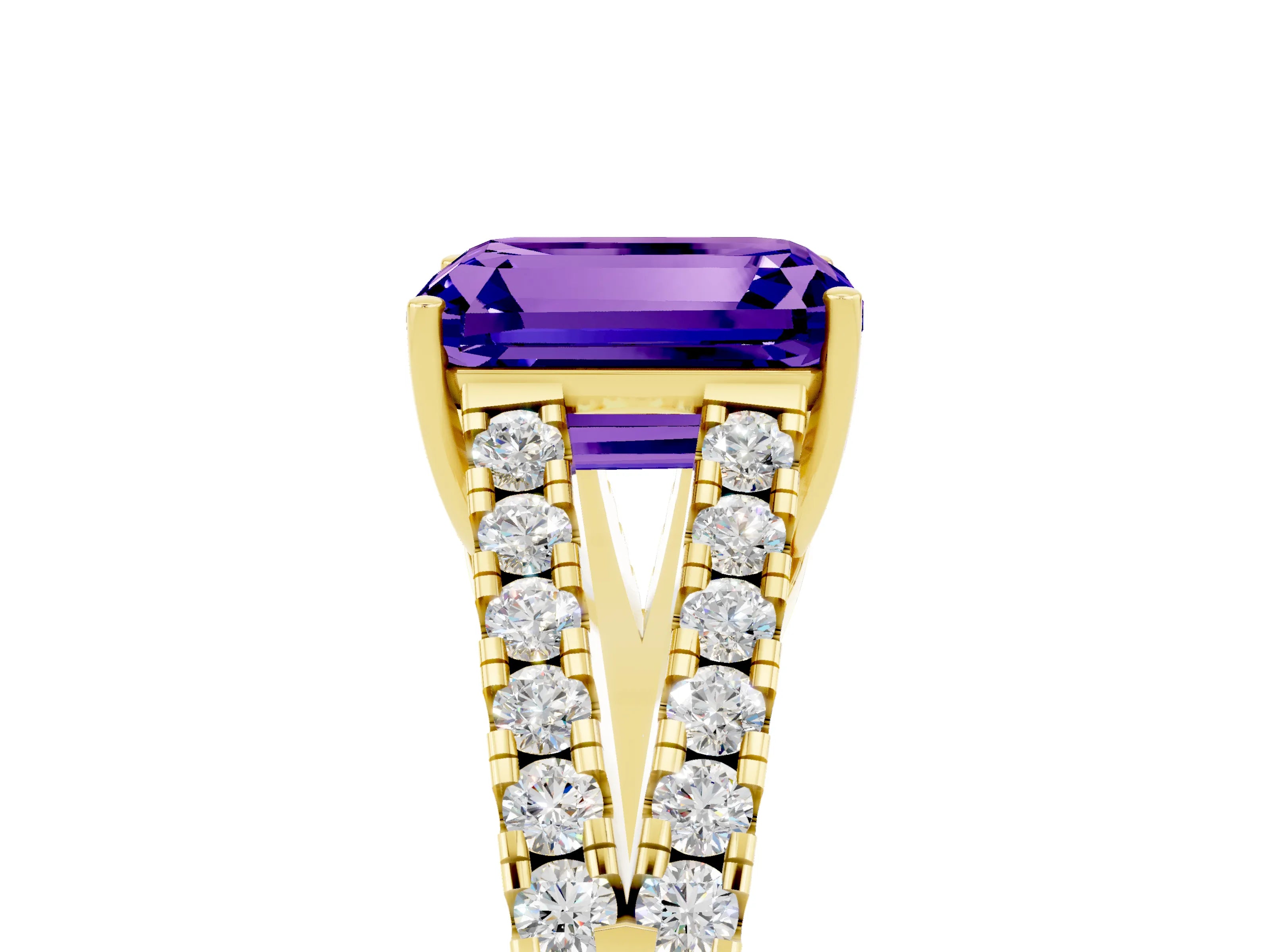 Yellow gold Emerald Cut Cut Split Shank Pave Diamond Engagement Ring with Four-Prong Setting_5