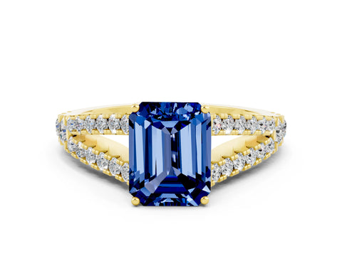 Yellow gold Emerald Cut Cut Split Shank Pave Diamond Engagement Ring with Four-Prong Setting