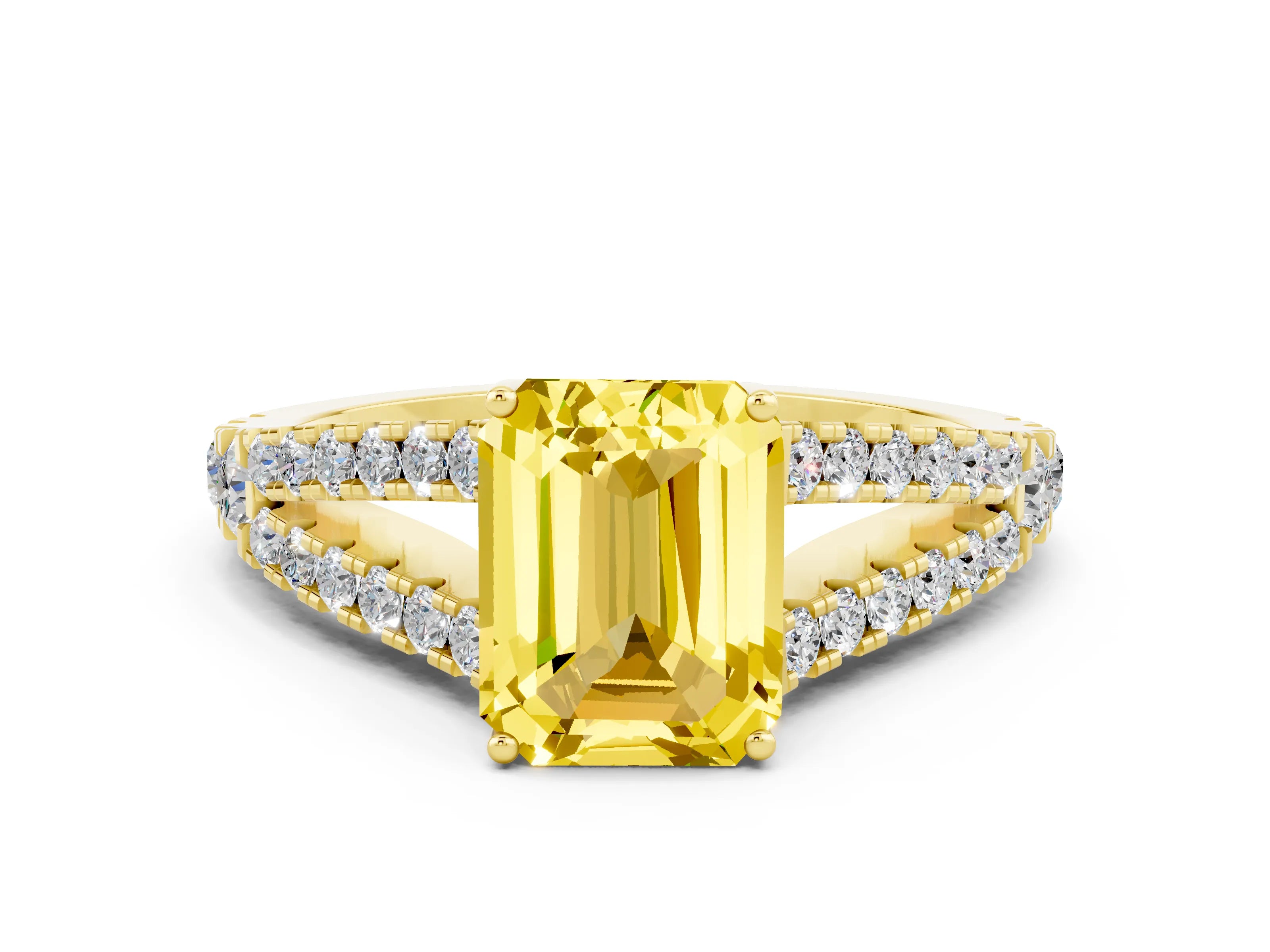 Yellow gold Emerald Cut Cut Split Shank Pave Diamond Engagement Ring with Four-Prong Setting
