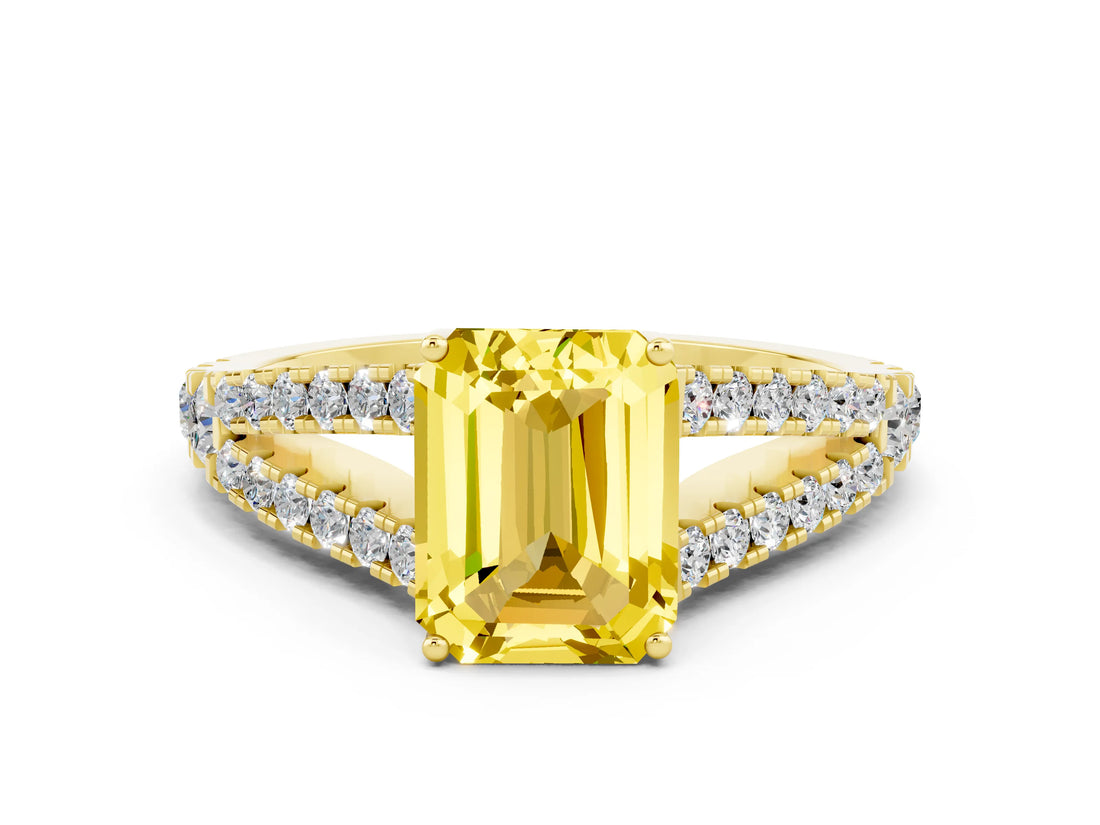 Yellow gold Emerald Cut Cut Split Shank Pave Diamond Engagement Ring with Four-Prong Setting