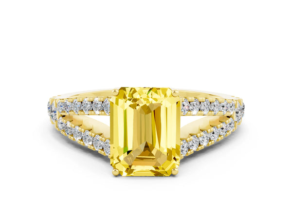 Yellow gold Emerald Cut Yellow Sapphire Split Shank Engagement Ring with Round Pavé and Prong Setting