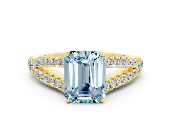 Yellow gold Emerald Cut Aquamarine Split Shank Engagement Ring with Round Pavé and Prong Setting