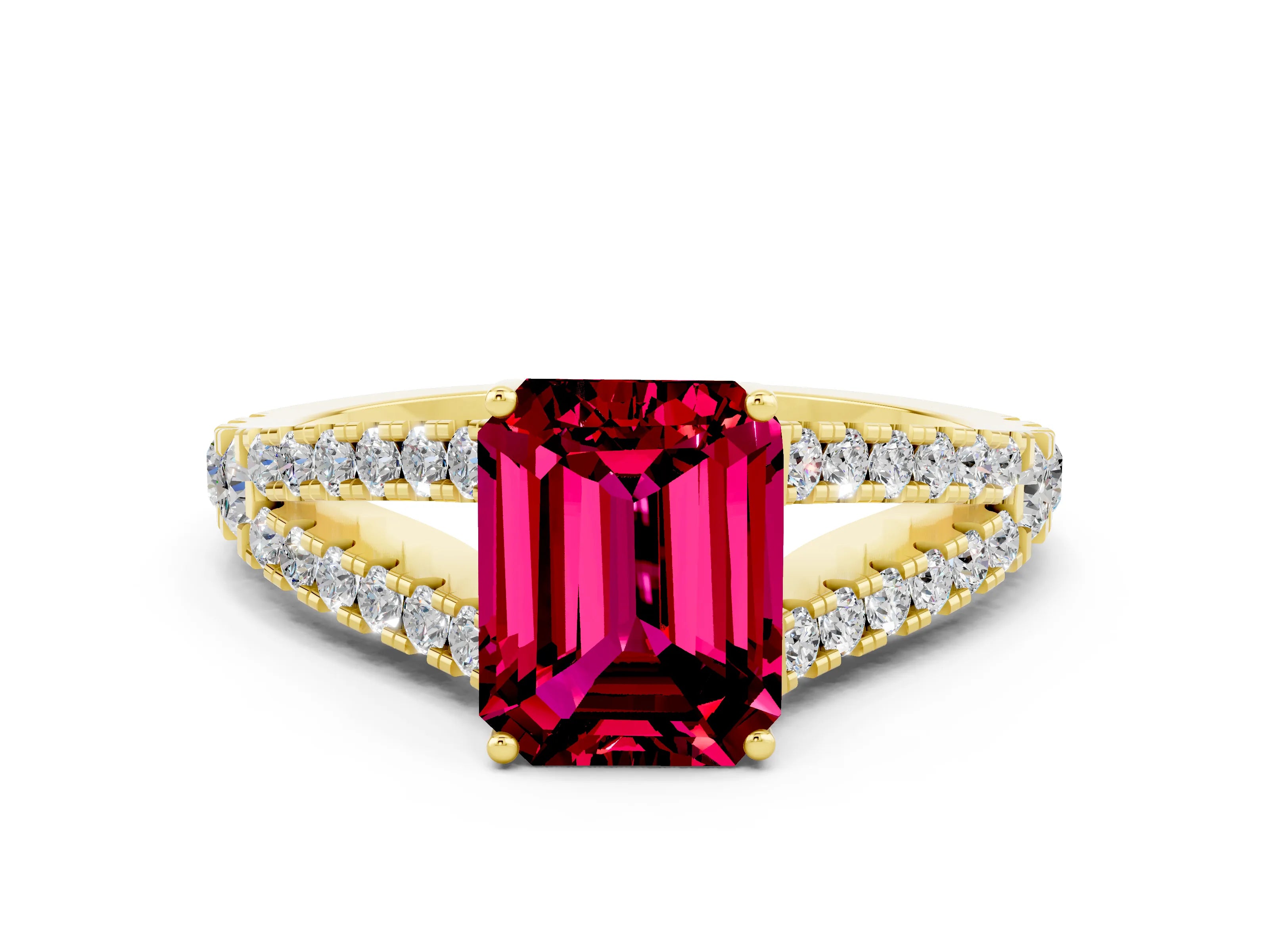 Yellow gold Emerald Cut Cut Split Shank Pave Diamond Engagement Ring with Four-Prong Setting