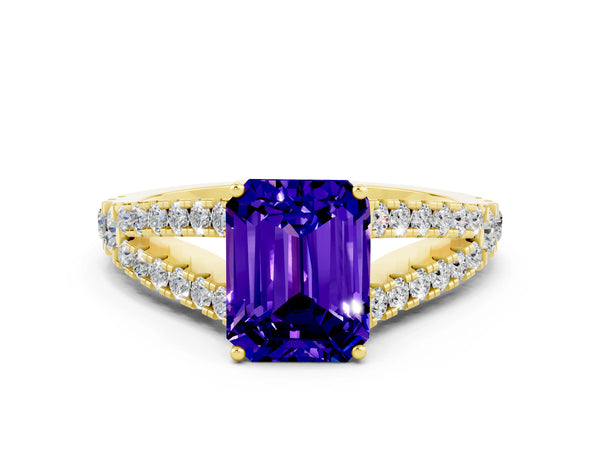 Yellow gold Emerald Cut Tanzanite Split Shank Engagement Ring with Round Pavé and Prong Setting