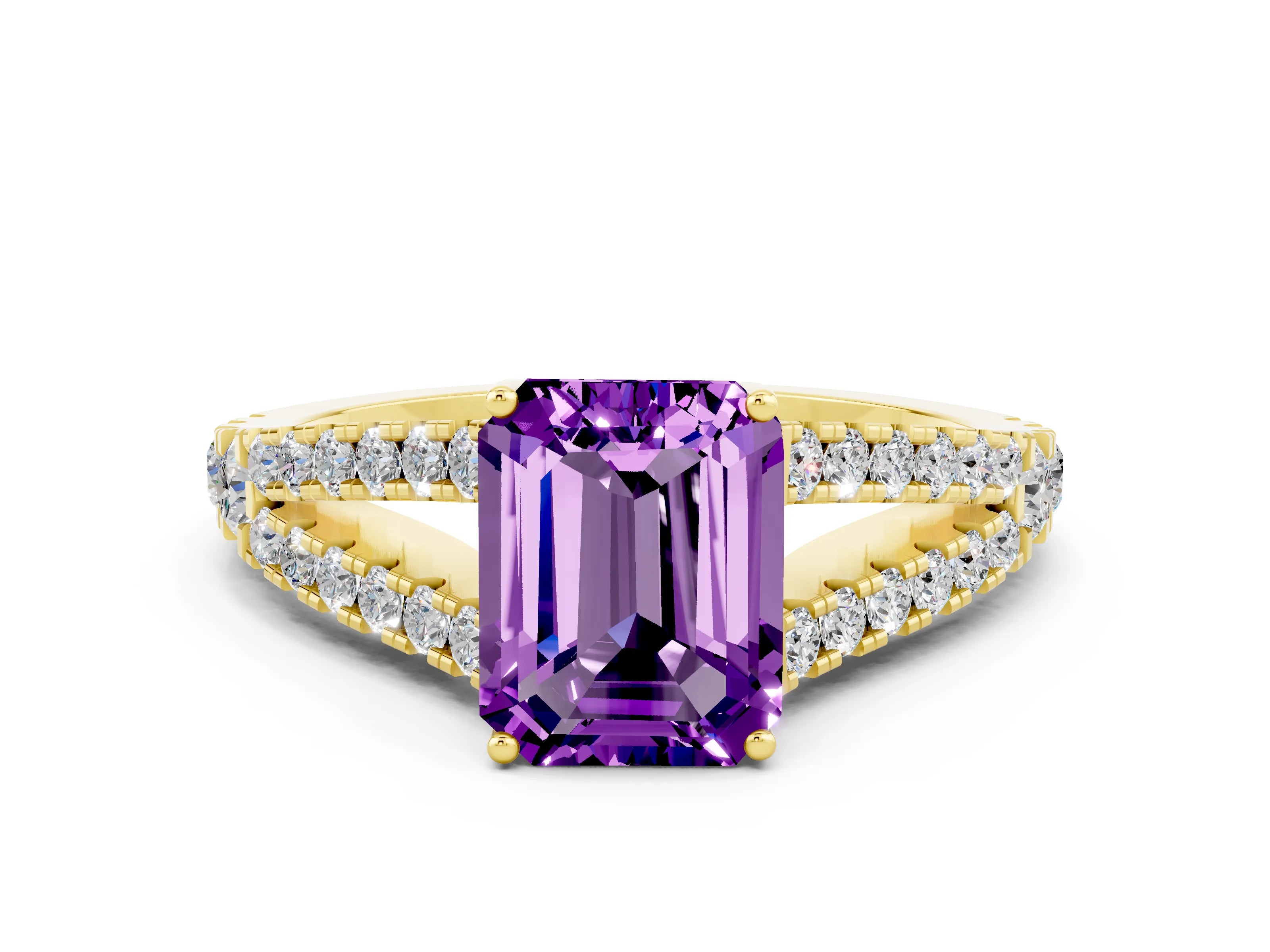 Yellow gold Emerald Cut Cut Split Shank Pave Diamond Engagement Ring with Four-Prong Setting