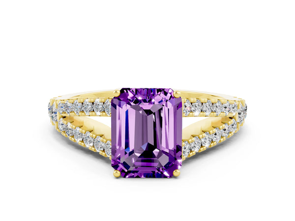Yellow gold Emerald Cut Amethyst Split Shank Engagement Ring with Round Pavé and Prong Setting