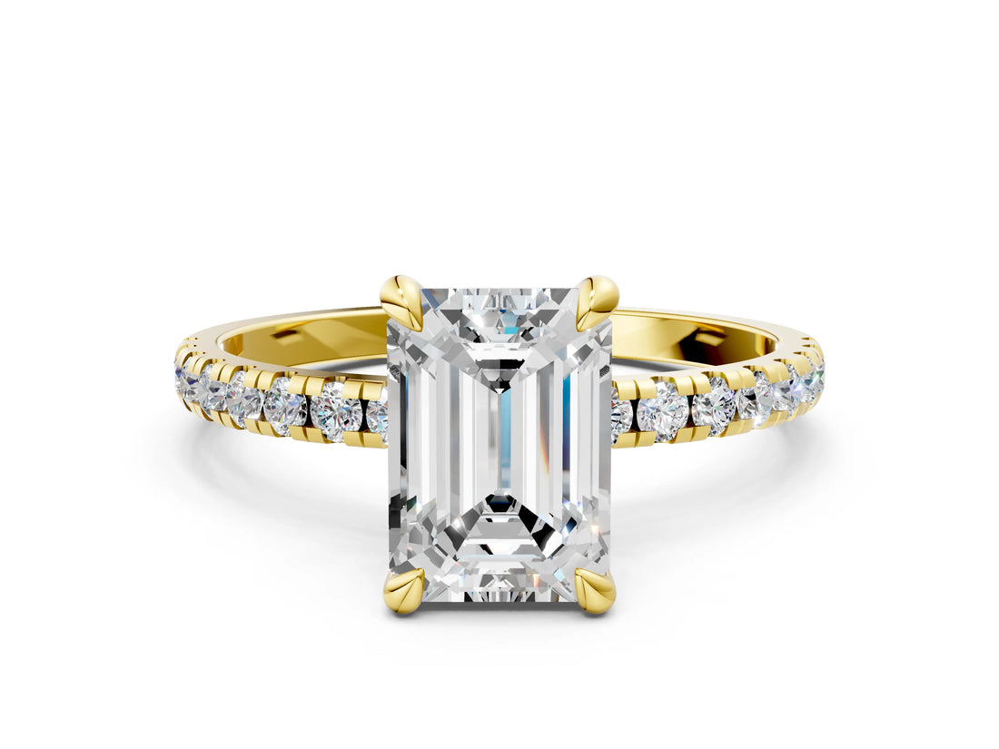 Yellow gold Emerald Cut Diamond Brilliant Solitaire Ring with Pavé Band and Four-Prong Setting_27
