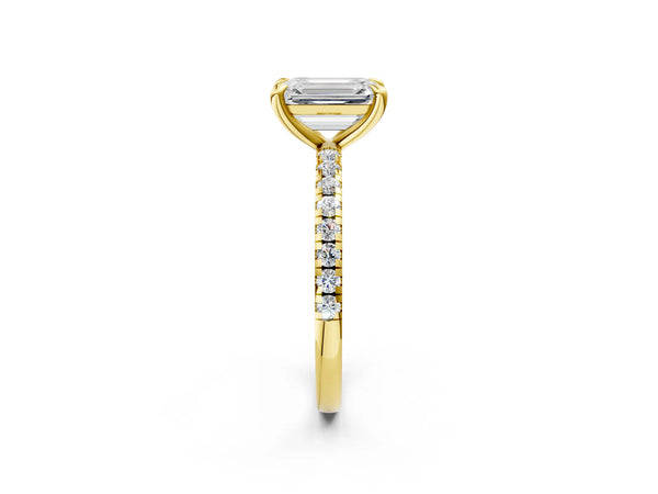 Yellow Gold Emerald Cut Solitaire Engagement Ring Setting with Slim Fine Pave Band