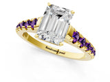 Yellow gold Emerald Cut Diamond Cathedral Solitaire Ring with Round with Amethyst side stone Pavé Band_13