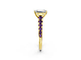 Yellow gold Emerald Cut Diamond Cathedral Solitaire Ring with Round with Amethyst side stone Pavé Band_14