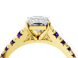 Yellow gold Emerald Cut Diamond Cathedral Solitaire Ring with Round with Amethyst side stone Pavé Band_16