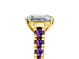 Yellow gold Emerald Cut Diamond Cathedral Solitaire Ring with Round with Amethyst side stone Pavé Band_17