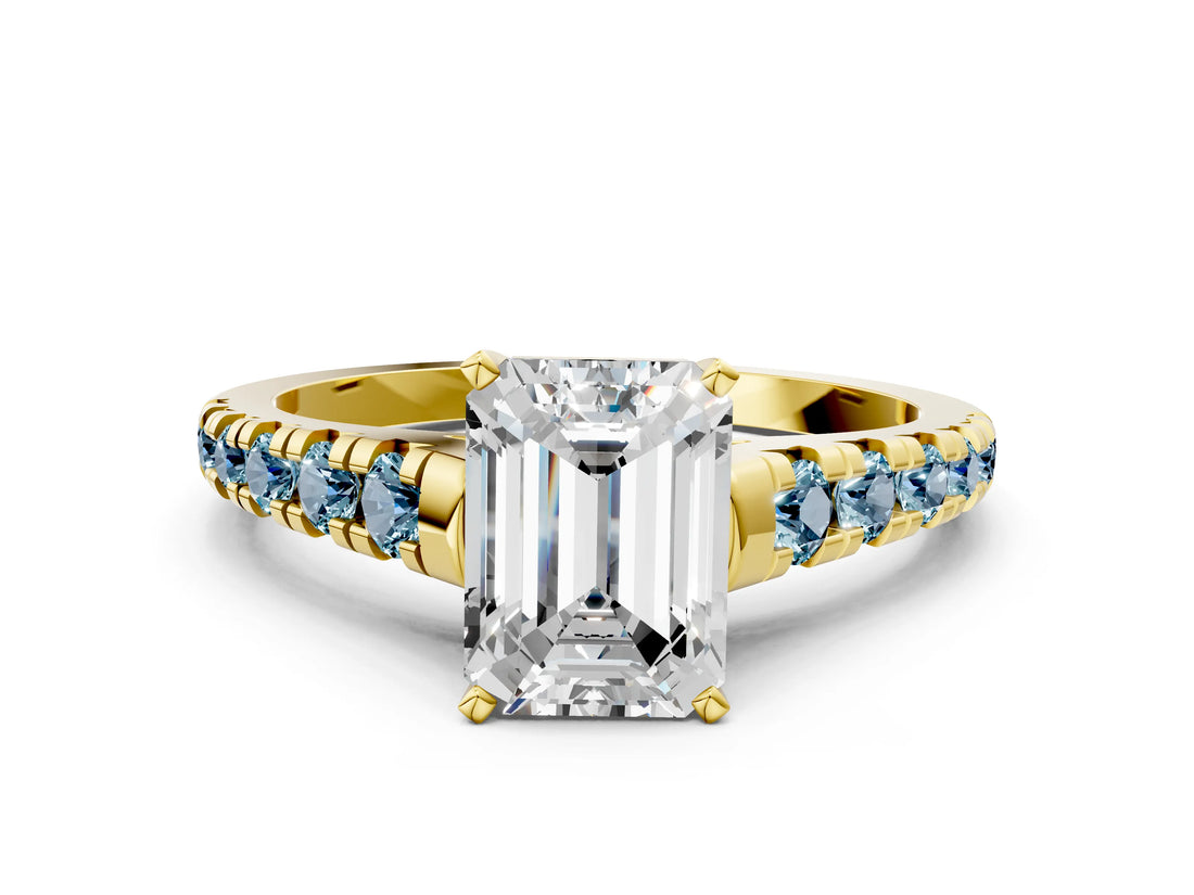 Yellow gold Emerald Cut Diamond Cathedral Solitaire Ring with Round with Aquamarine side stone Pavé Band_12