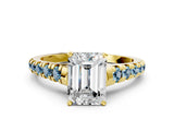 Yellow gold Emerald Cut Diamond Cathedral Solitaire Ring with Round with Aquamarine side stone Pavé Band_12