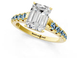 Yellow gold Emerald Cut Diamond Cathedral Solitaire Ring with Round with Aquamarine side stone Pavé Band_13