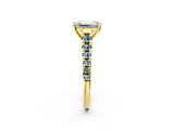 Yellow gold Emerald Cut Diamond Cathedral Solitaire Ring with Round with Aquamarine side stone Pavé Band_14