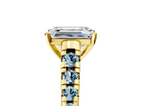 Yellow gold Emerald Cut Diamond Cathedral Solitaire Ring with Round with Aquamarine side stone Pavé Band_17