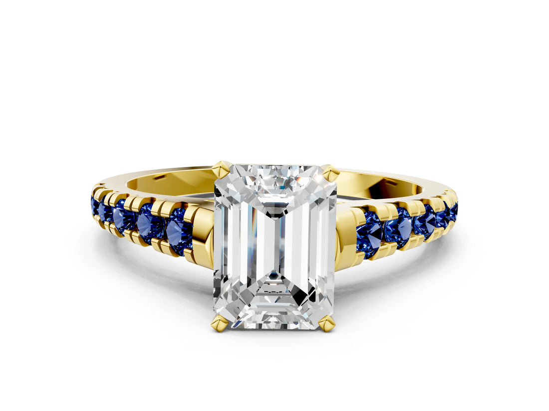 Yellow gold Emerald Cut Diamond Cathedral Solitaire Ring with Round with Blue Sapphire side stone Pavé Band_12
