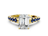 Yellow gold Emerald Cut Diamond Cathedral Solitaire Ring with Round with Blue Sapphire side stone Pavé Band_12