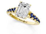 Yellow gold Emerald Cut Diamond Cathedral Solitaire Ring with Round with Blue Sapphire side stone Pavé Band_13
