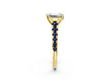 Yellow gold Emerald Cut Diamond Cathedral Solitaire Ring with Round with Blue Sapphire side stone Pavé Band_14