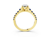 Yellow gold Emerald Cut Diamond Cathedral Solitaire Ring with Round with Blue Sapphire side stone Pavé Band_15