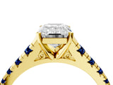 Yellow gold Emerald Cut Diamond Cathedral Solitaire Ring with Round with Blue Sapphire side stone Pavé Band_16