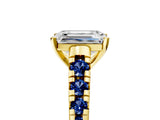 Yellow gold Emerald Cut Diamond Cathedral Solitaire Ring with Round with Blue Sapphire side stone Pavé Band_17