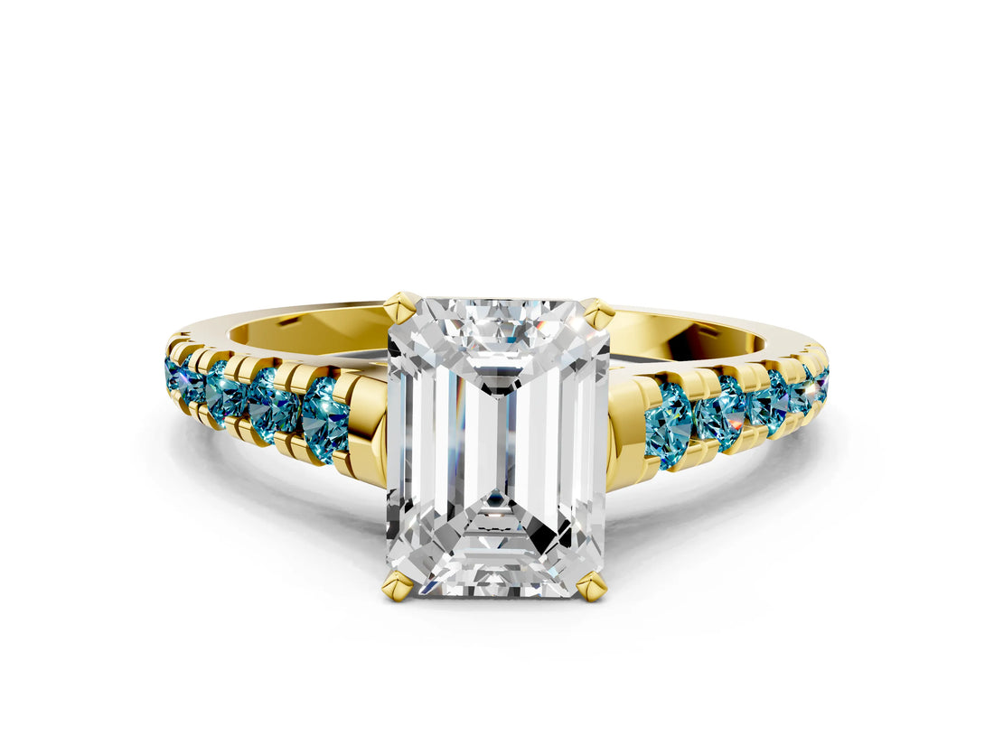 Yellow gold Emerald Cut Diamond Cathedral Solitaire Ring with Round with Blue Topaz side stone Pavé Band
