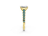 Yellow gold Emerald Cut Diamond Cathedral Solitaire Ring with Round with Blue Topaz side stone Pavé Band_2