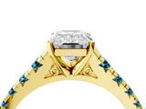 Yellow gold Emerald Cut Diamond Cathedral Solitaire Ring with Round with Blue Topaz side stone Pavé Band_4