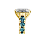 Yellow gold Emerald Cut Diamond Cathedral Solitaire Ring with Round with Blue Topaz side stone Pavé Band_5