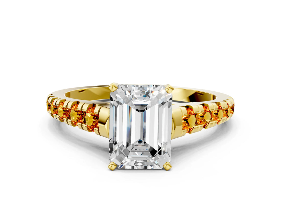 Yellow gold Emerald Cut Diamond Cathedral Solitaire Ring with Round with Citrine side stone Pavé Band_24