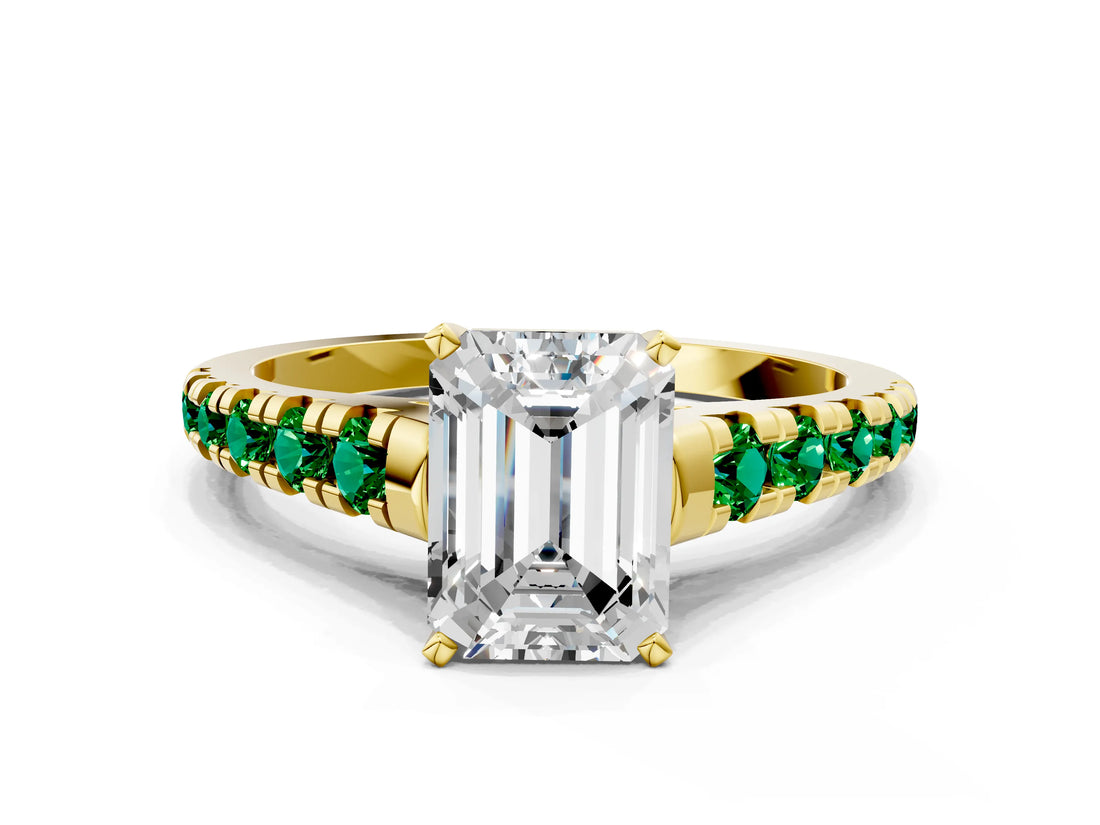 Yellow gold Emerald Cut Diamond Cathedral Solitaire Ring with Round with Emerald side stone Pavé Band